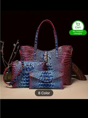 Lux Faux-Croc Tote Set in Blue-Red Ombre